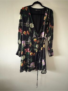 Zara Black Floral Wrap Dress with Multicolor Blooms